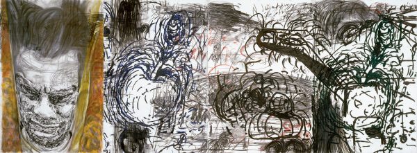 A charcoal and ink drawing on paper, featuring an expressive, distorted self-portrait of Mike Parr, alongside a mass of energetic black and brown lines and swirls.