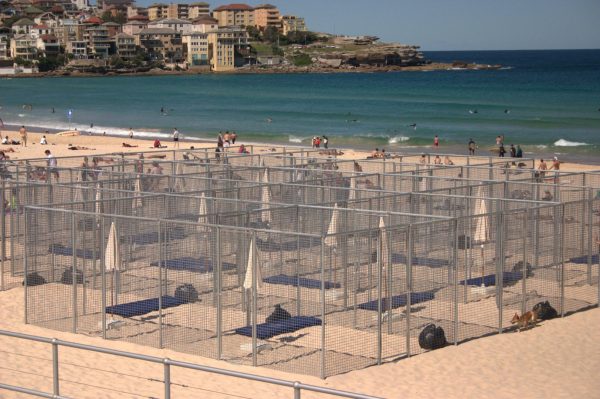 A grid of 21 cells, made of wire-mesh fencing, on the sands of Bondi Beach. Each cell contains a beach umbrella, air mattress and black plastic garbage bag. Beachgoers relax in the background.