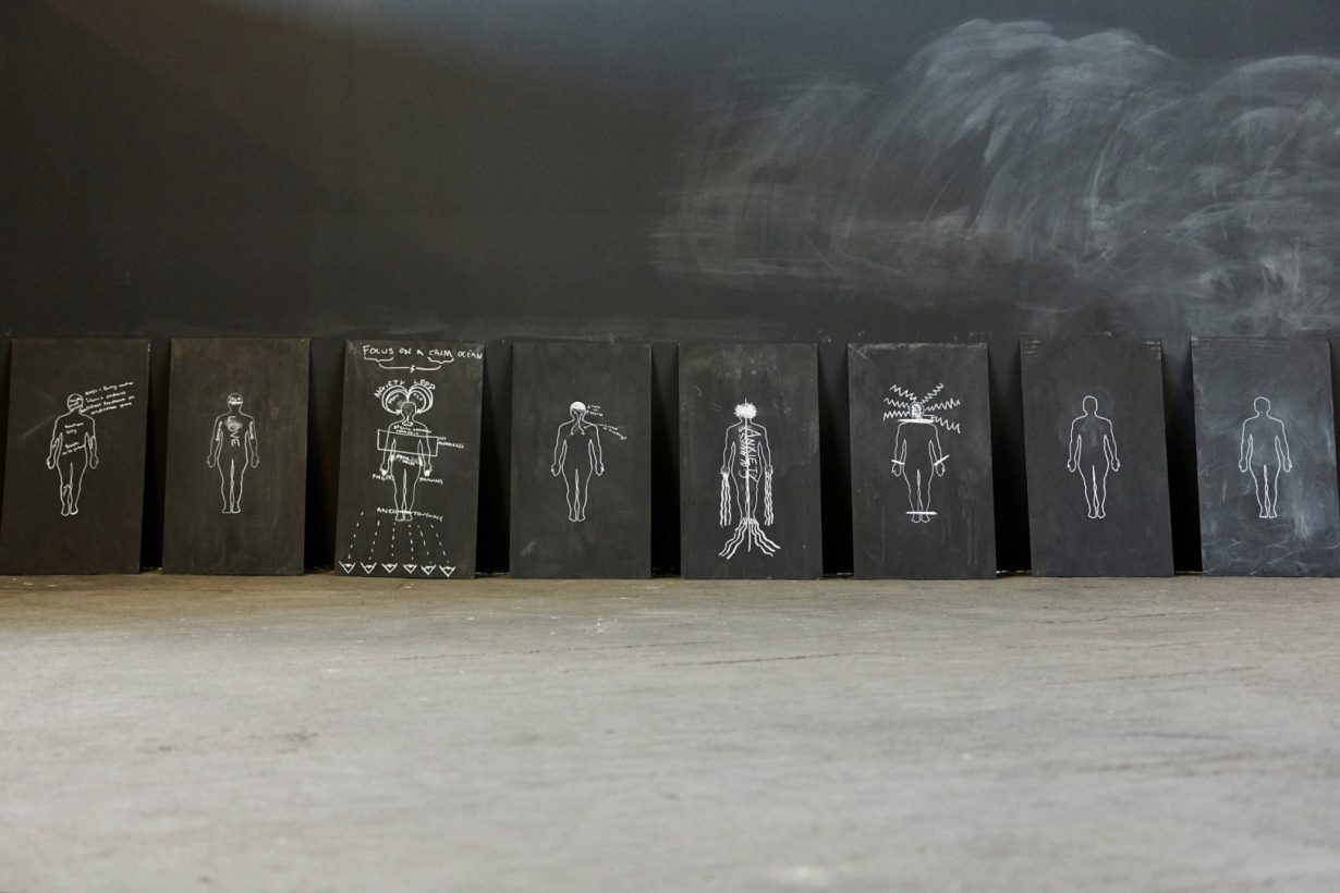 8 small blackboards, each with an identical template of the outline of an adult human body, lined up against a black wall. The first 6 templates have each been filled in with a range of written notes, arrows, wavy lines and zigzags.