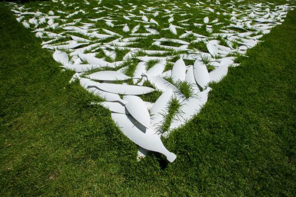 Detail of a green lawn with around 100 plain white shields, overlapping and arranged on the ground to form the corner of a geometric shape. Blades of grass are growing between the shields.