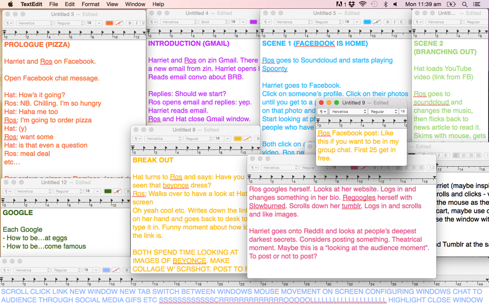 Screen shot from the Text Edit program, showing 9 open, overlapping browser windows, with lines of coloured text.