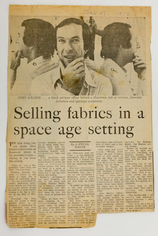 1970s newspaper article, with the headline "Selling fabrics in a space age setting."