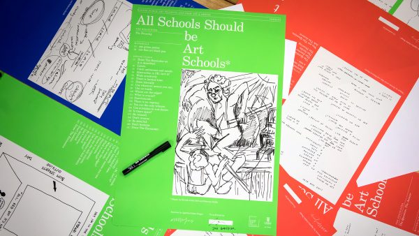 A scattering of red, blue and green posters. The blue and green posters are marked with written notes and hand-drawn sketches.