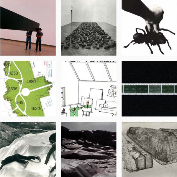Page from a student assignment, with a grid of 9 images. The images show photographs and illustrations in black, white and muted green hues.