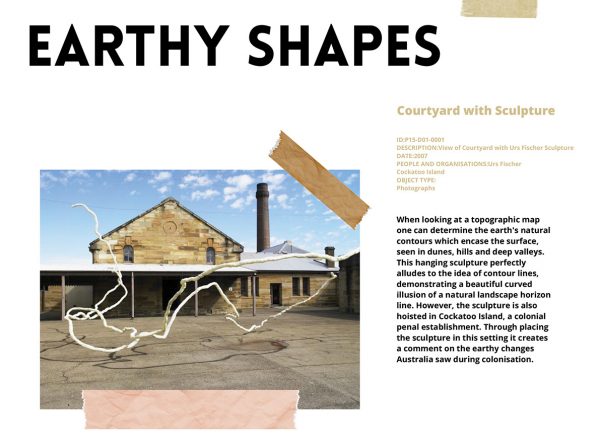 Page from a student assignment, with the heading “Earthy shapes”, written text and a photograph of a courtyard with a white sculpture of a tree branch.