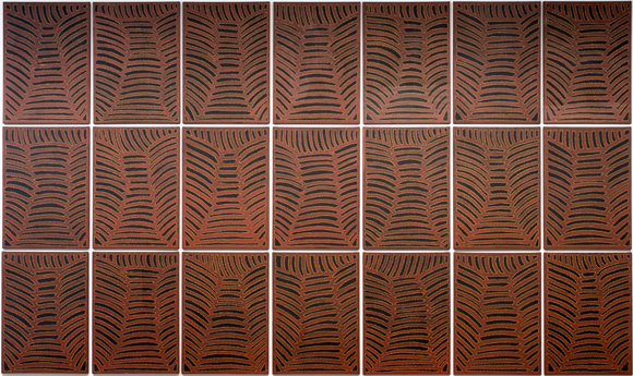 Gloria Tamerre Petyarre 'Awelye for the mountain devil lizard (Twenty-one women)' 1996,
21 panels: synthetic polymer paint on canvas, 98 x 70 cm each panel; 294 x 490 cm overall, Art Gallery of New South Wales, gift of Yuana and Stephen Hesketh 1997 © Gloria Tamerre Petyarre
